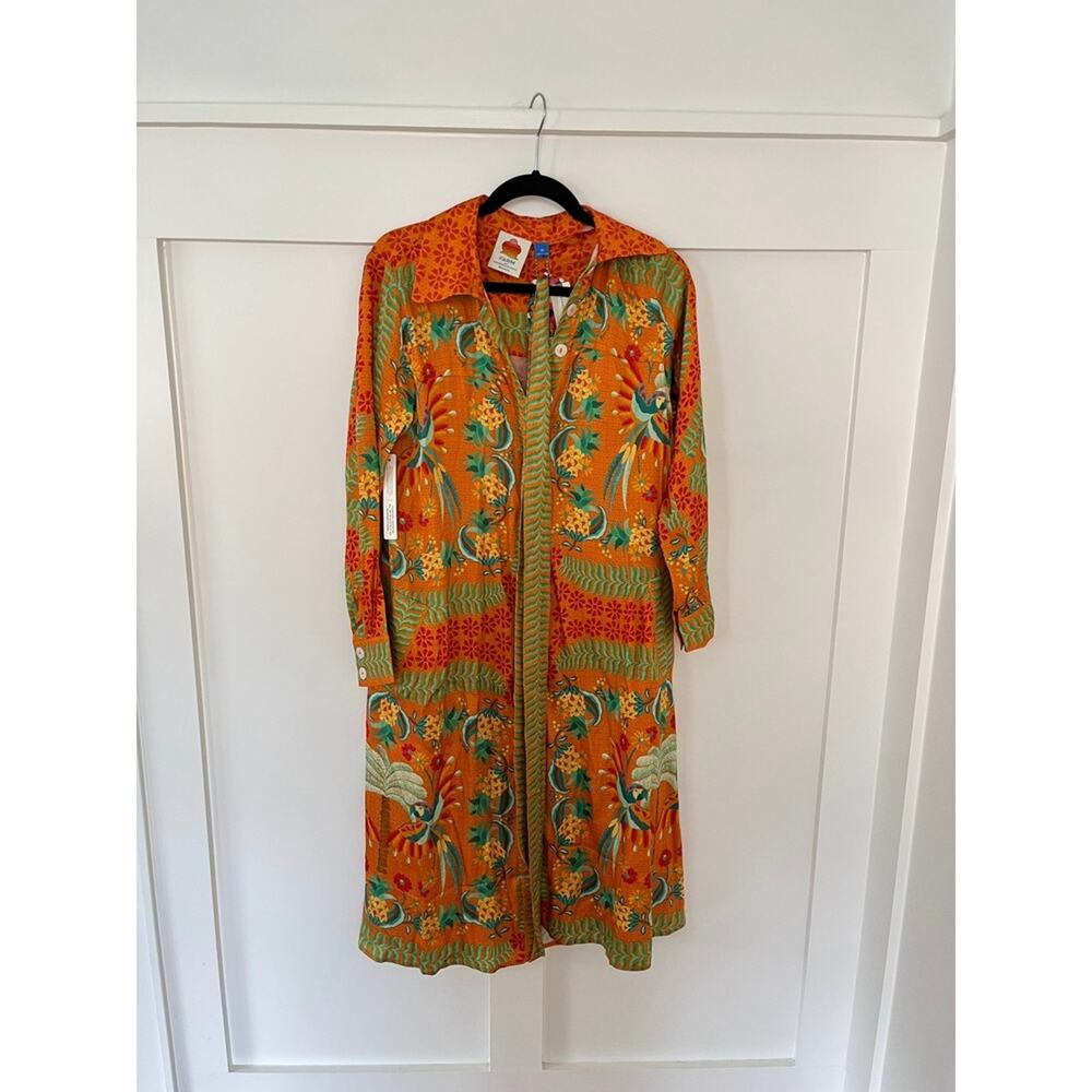 Farm Rio Multicolor Tropical Bird Print Button Front Shirt Dress Midi Belted - Picture 2 of 4